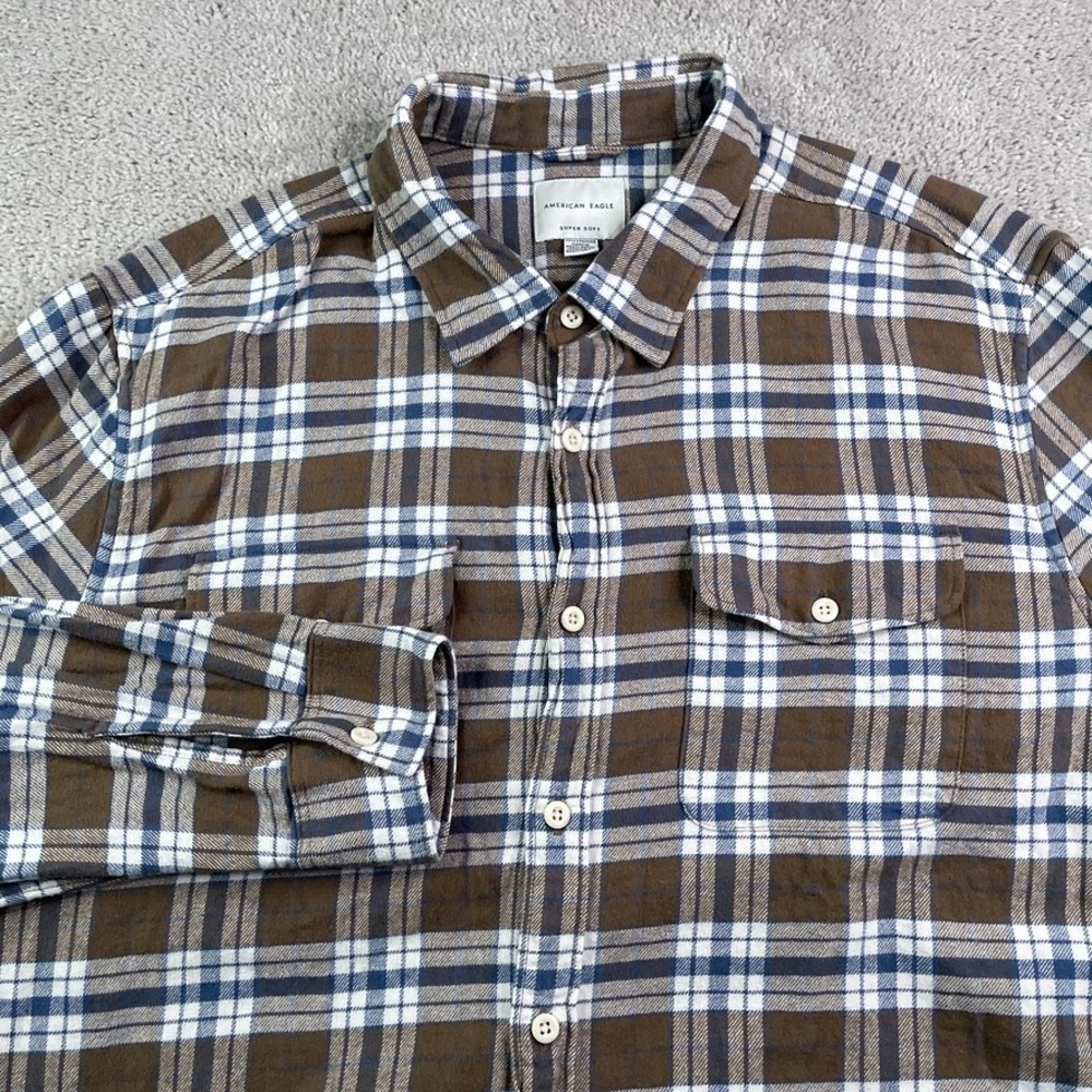 American Eagle Shirt Mens 2XL XXL Brown Plaid Flannel Super Soft Button‎ Up